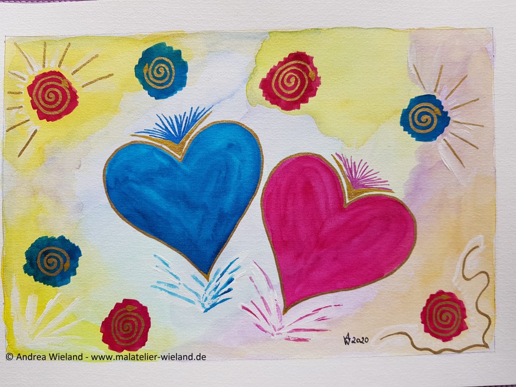 blaues und rosa Herz vor Pastellhintergrund mit Unendlichkeitssymbolen Aquarell