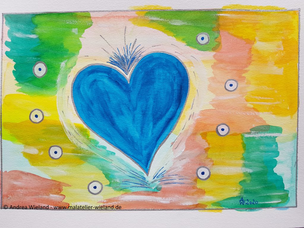 Blaues Herz vor buntem Hintergrund mit acht Silberpunkten Aquarell