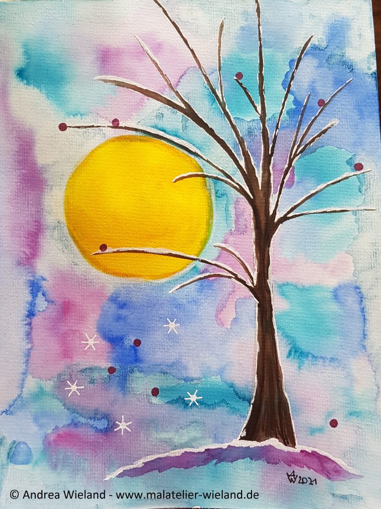 Lila blauer Hintergrund mit gelbem Planeten und Baum
