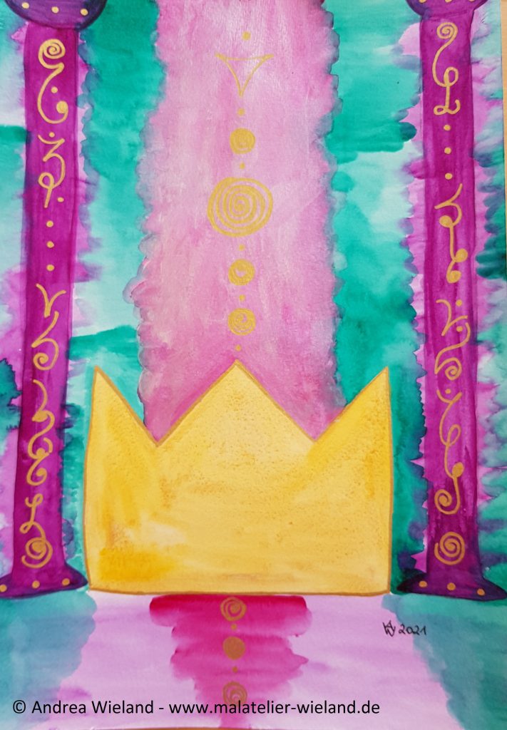 Krone in einem Säulensaal mit lila Säulen sprirituelles Aquarell