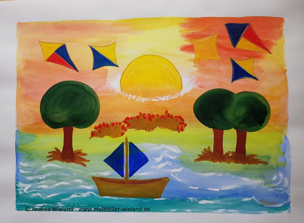 Segelboot im Wasser Bäume am Ufer und knallgelbe Sonne naive Malerei in Aquarell